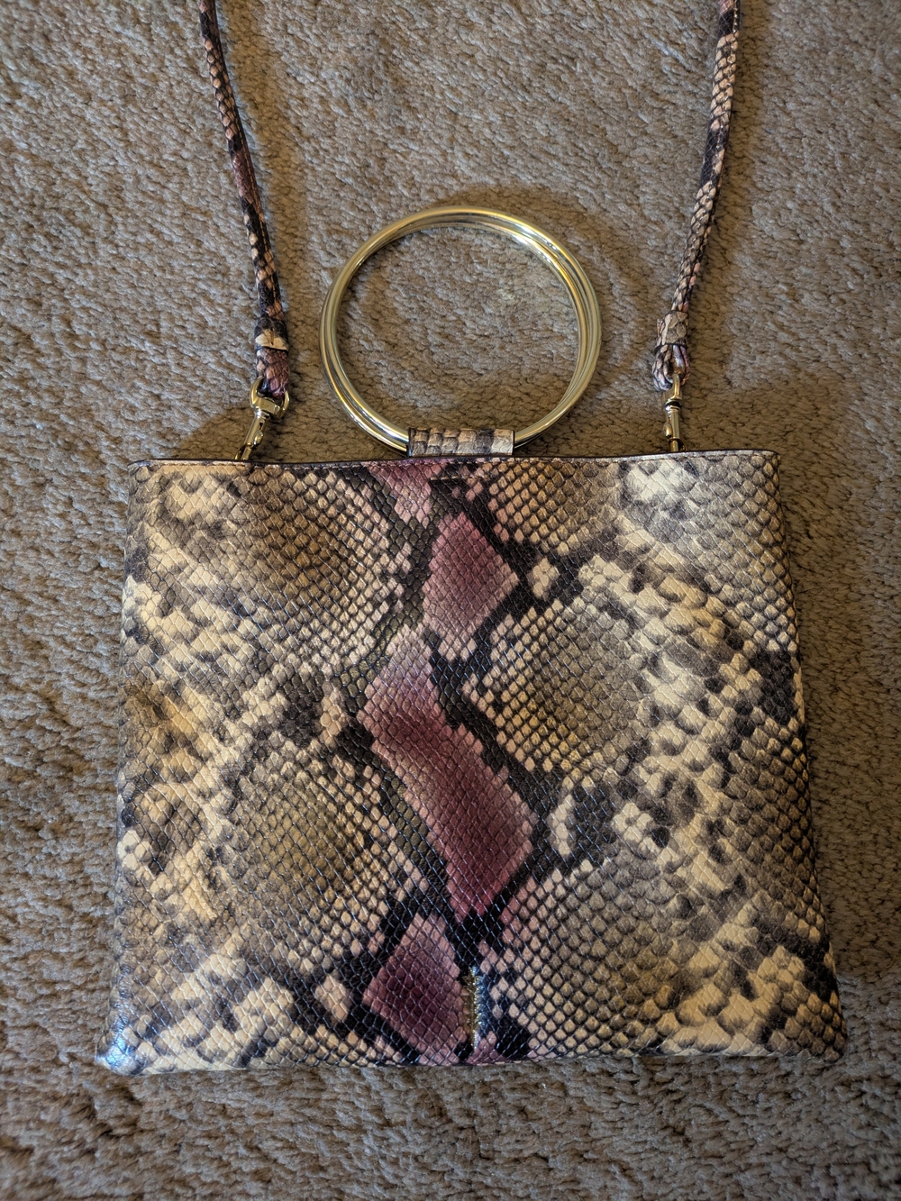 Thacker NYC Snake-Print Shoulder Bag with Gold Ring Handle - Pink/Beige